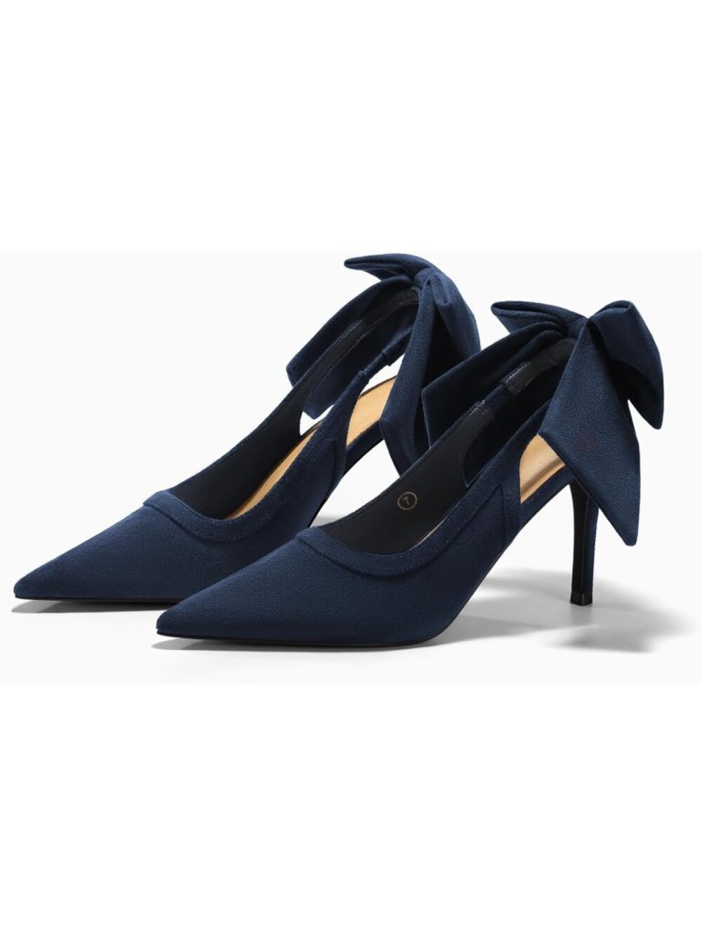 Women Suede Navy Blue Slingback Bow Closed Pointed Toe Lace Patchwork High Heels - Picture 6 of 6